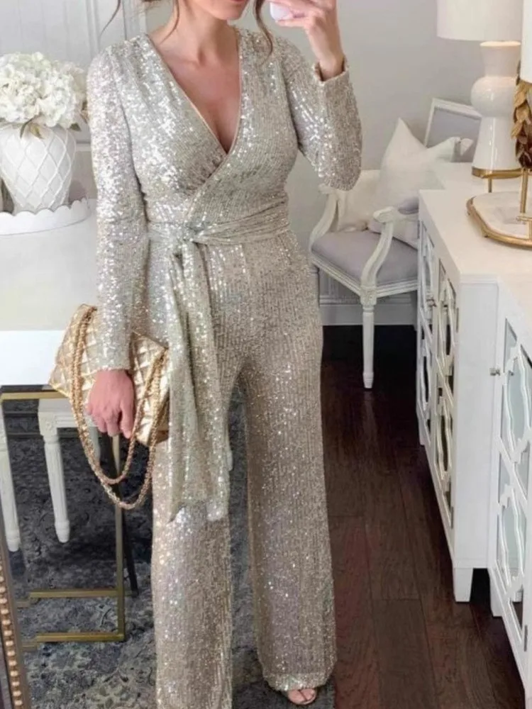 Frauen Einfarbig Spitze-up V-ausschnitt Overall Hosen Herbst Mode V-ausschnitt Lange ärmeln Pailletten Taille Lange-ärmeln Overall hosen Image