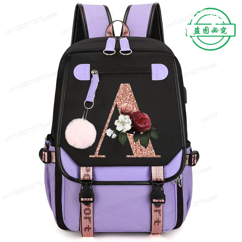 Sac d'école en or rose avec lettres A ~ Z, sac à dos de dessin animé, nouvelle mode, sac à dos pour la rentrée scolaire, sacs d'école pour étudiants, Mochila