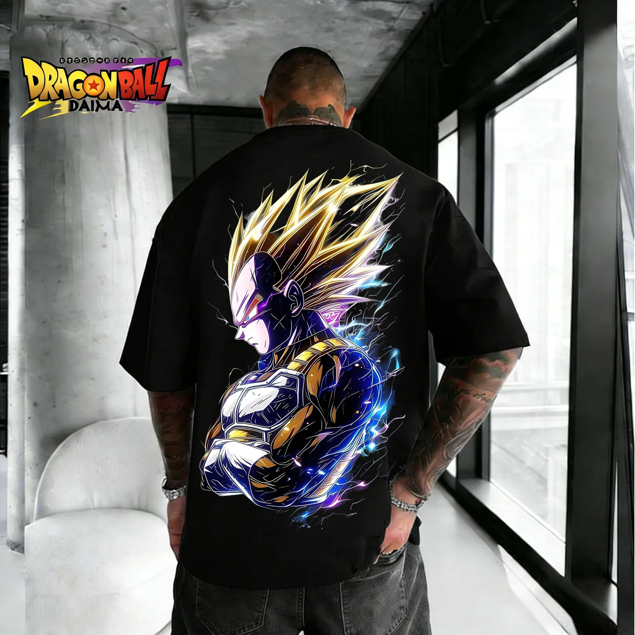 2026 Sommer Dragon Ball Vegeta Saibo Neon-Stil Super Saiya Form Retro 100% Baumwolle Bedrucktes Oversize T-Shirt für Erwachsene und Kinder Image