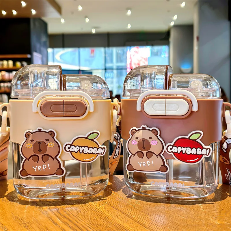 Kapibara 600 ml Cartoon Doppelgetränk Unterlager Kunststoff Wasserflasche Kinder Capybara Outdoor tragbare Kunststoff Sommerbecher Student Image
