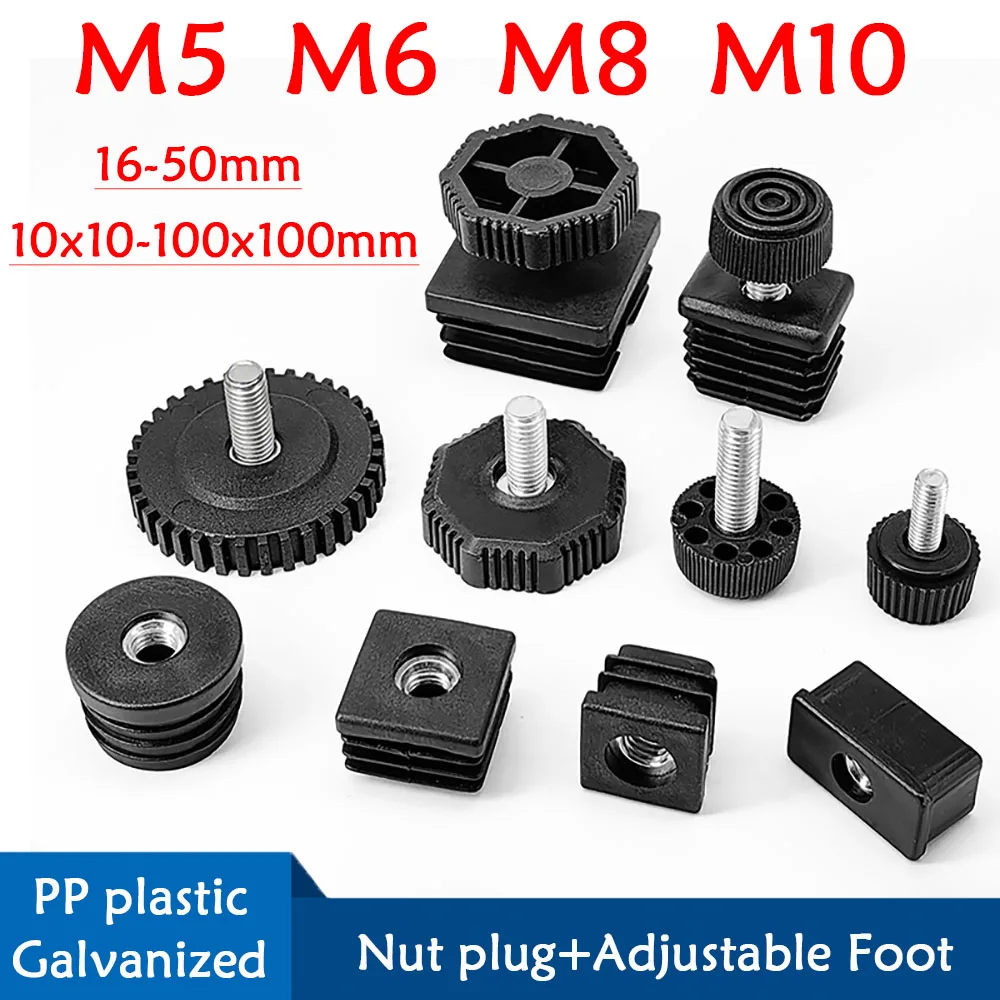 M5 M6 M8 M10 Quadrat/Runde Stahlrohr Verstellbare Fußmatten mit Muttern Stecker Möbel Tisch Stuhl Bein Erhöhung Füße Pad 10-100mm Image