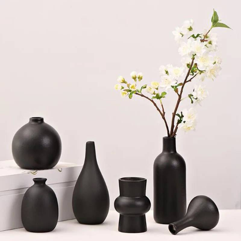 Kreative Schwarz Farbe Porlceain Vase Dekoration Wohnzimmer Desktop Ornamente Trockenen Blume Anordnung Topf Wohnkultur Image