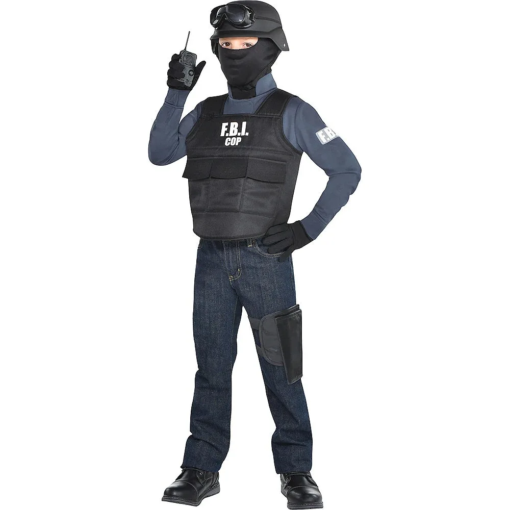 Kinder FBI SWAT Anzüge Cosplay-Kleidung, Mini-Kugelsichere Weste & Helm, SWAT-Anzug-Set für Halloween-Party & Geburtstagsgeschenk Image