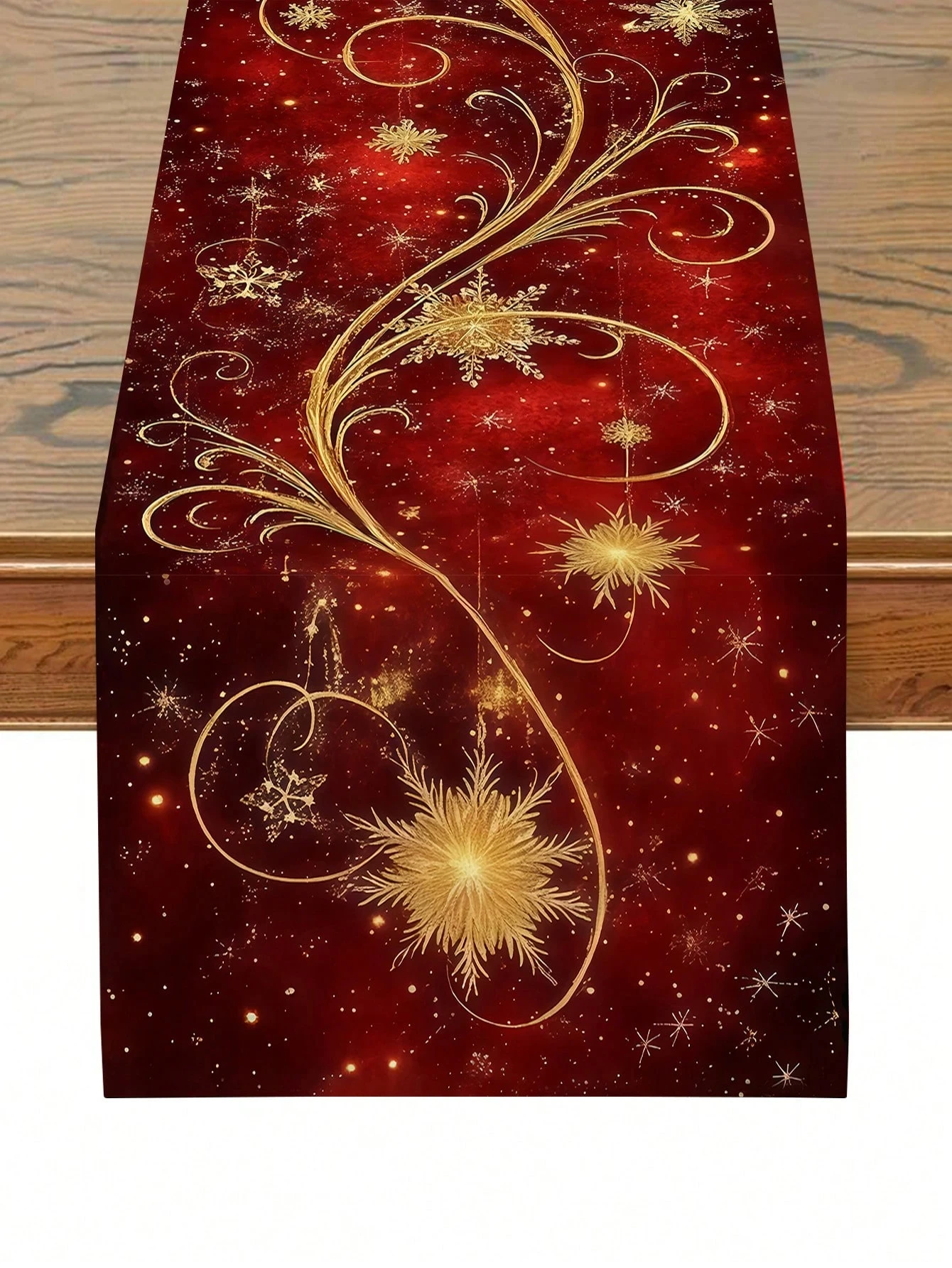 1 Stück Weihnachts-Tischläufer, rotgoldenes Schneeflocken-Wirbel-Dekor mit 2D-Druck, Leinenmaterial, ganzjährig für den Esstisch, Heimdekoration Image
