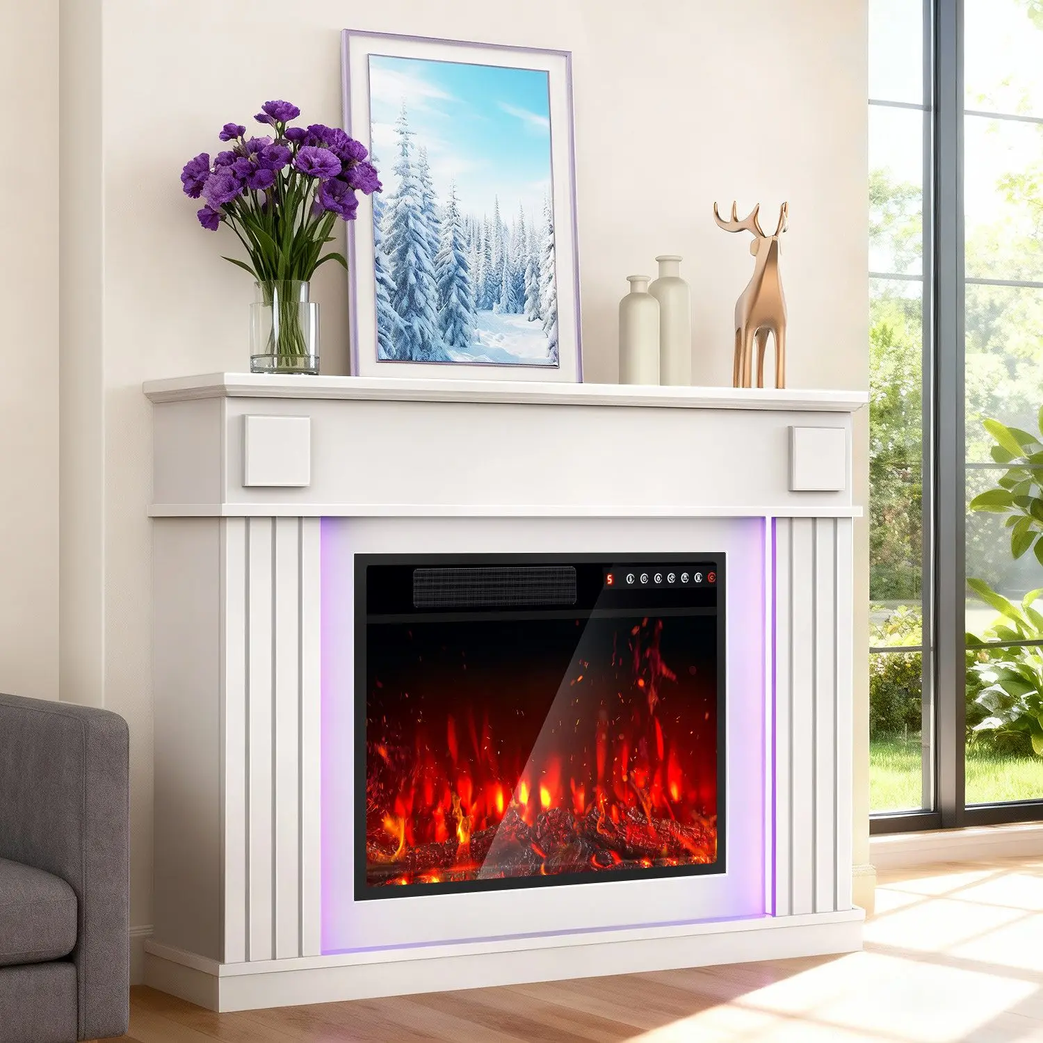 Elektrokamin 23 inch Elektrischer Kamin mit LED 3D Realistischer Flammeneffekt Erwärmungsfreistehender mit Timer und 20-Farb-LED-Lichtband und Fernbedienung Standkamin weiß Image