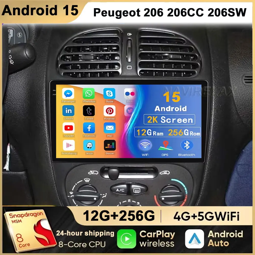Android 15 Autoradio für PEUGEOT 206 206CC 206SW 2000-2005 2006 2007 2008 Multimedia-Player GPS Navi Video 7862 2din Autoradio Image