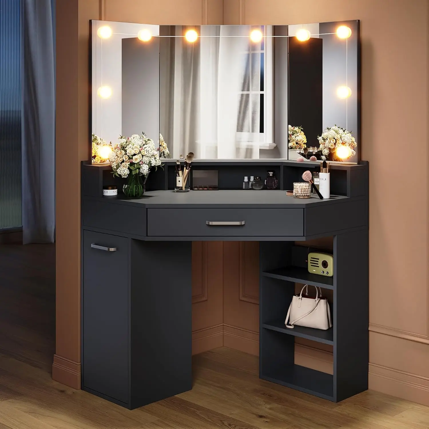 Eck-Schminktisch mit Spiegel, B 110 x T 54 x H 142,5 cm, Beleuchtung, 3 Liter Modi, einstellbare Helligkeit, Schminktisch mit
