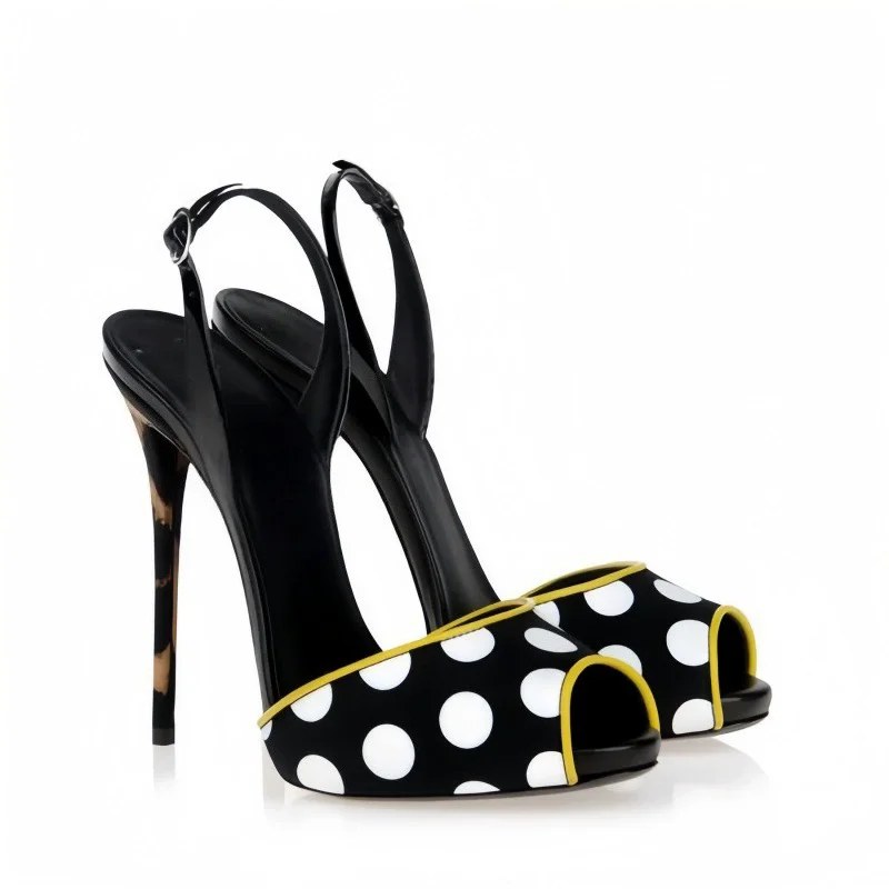 Sommer neue runde Zehen Fischmaul Tuch Polka Dot Sandalen dünne hochhackige Bankettkleid große maßgeschneiderte Damenschuhe