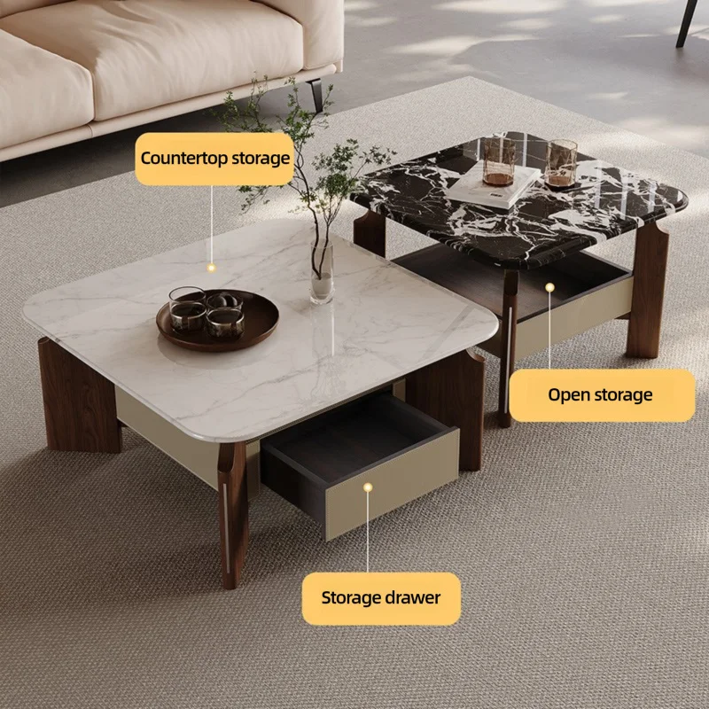 Kompakte quadratische Couchtisch-Sets für das Wohnzimmer, Wohnzimmertisch mit Schubladen, moderner Couchtisch mit Holzbeinen, Möbel