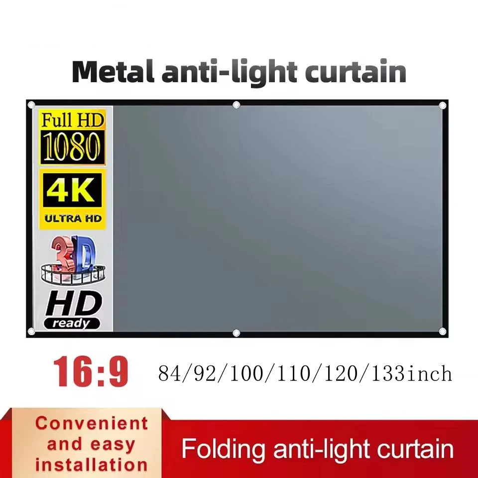 Graue Projektor-Leinwand, einfacher 16:9 Anti-Licht-Vorhang, 60/72/84/100/110/120/133/150 Zoll, für Zuhause, Outdoor, Büro, tragbar, 3D-HD Image