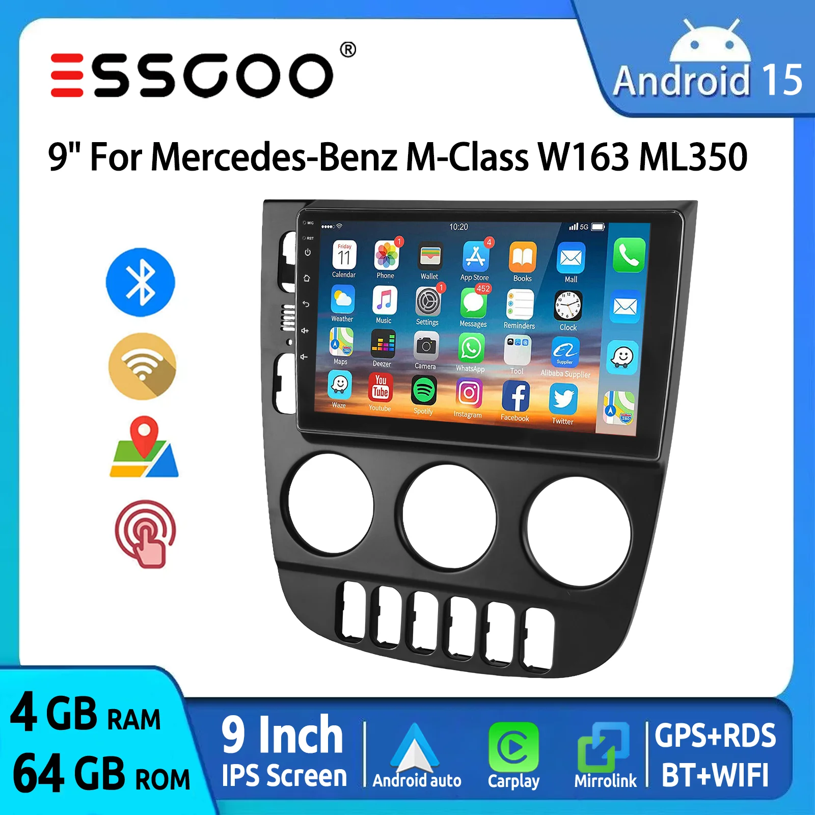 ESSGOO Android 15 Autoradio 9" Wireless CarPlay Android Auto für Mercedes-Benz M-Klasse W163 ML 1998-2005 GPS Navi WiFi Lenkradfernbedienung RDS FM USB Bluetooth Mirror Link Touchscreen Multimedia Image