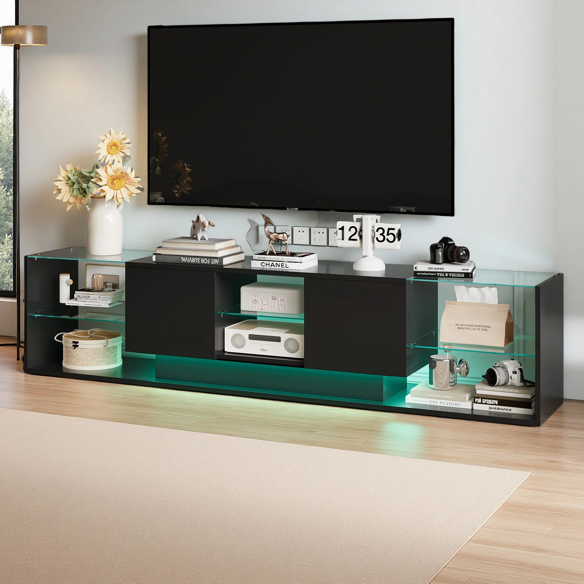 Meuble TV LED Comanlai 200 cm, meuble TV suspendu, surface haute brillance, avec 2x3 niveaux de rangement en verre trempé, 2 tiroirs