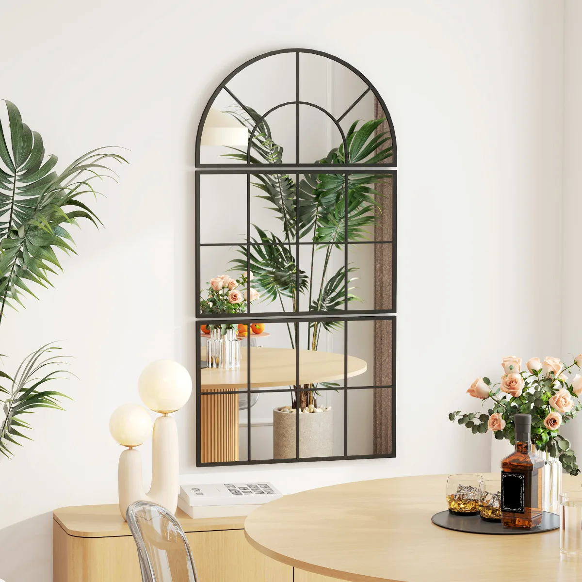 3-teilige schwarze gewölbte Wandspiegel | Dekorative Hängespiegel mit Metallrahmen für Badezimmer & Wohnzimmer