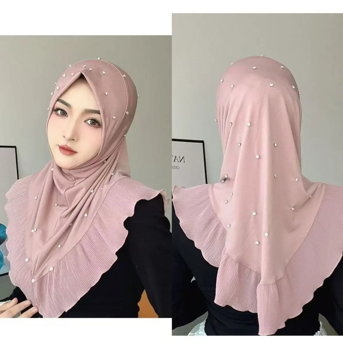 Muslimische Frauen Hijabs Rosa Kaffee mit Perlen Eid Gebet Kopftuch Abend Party Luxus Malaysia Islam Mädchen Outdoor Schal Image
