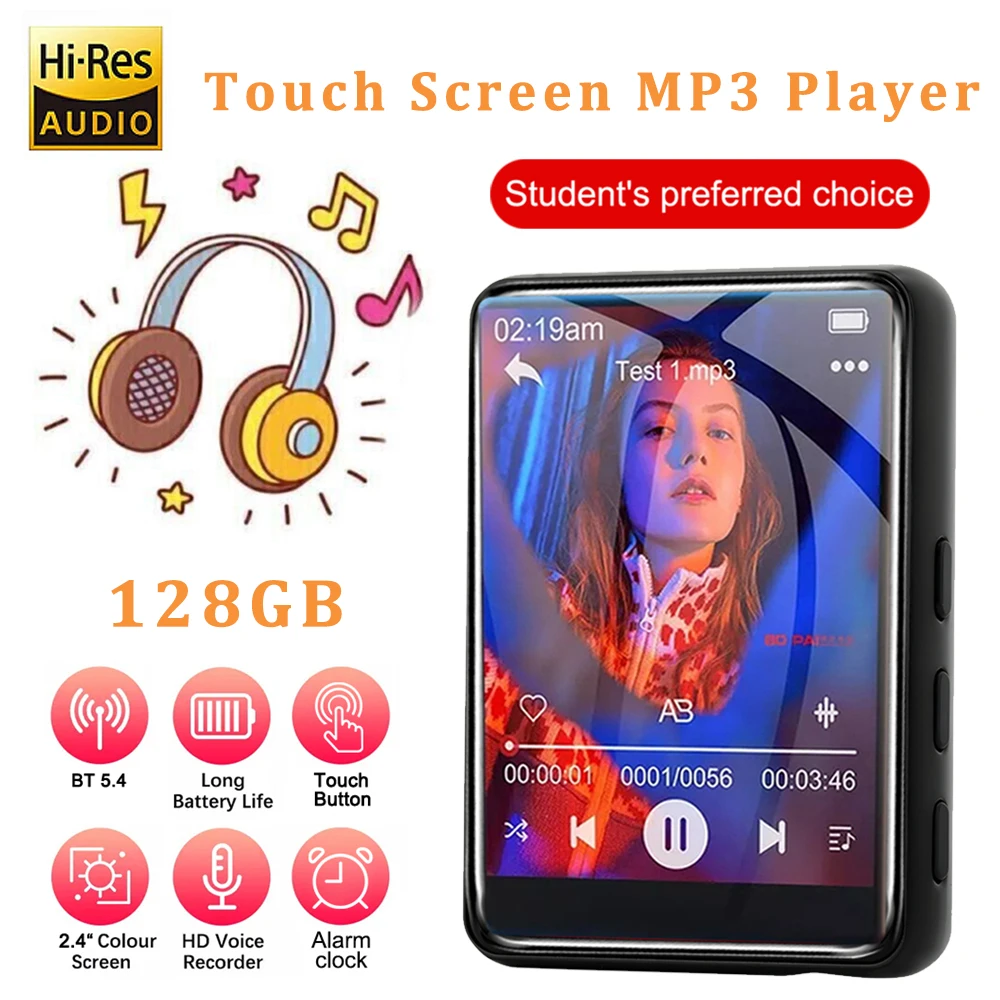 Nouveau lecteur MP3 à écran tactile de 2.4 pouces, Bluetooth 5.4, lecteur de musique HiFi, haut-parleur intégré, baladeur MP3 128 go, prise en charge de l