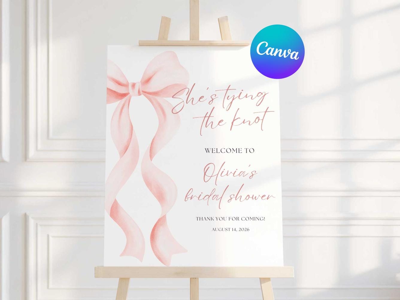 "Cartello di benvenuto per addio al nubilato \"She's Tying the Knot\", cartello modificabile con fiocco rosa, modificabile in Canva"