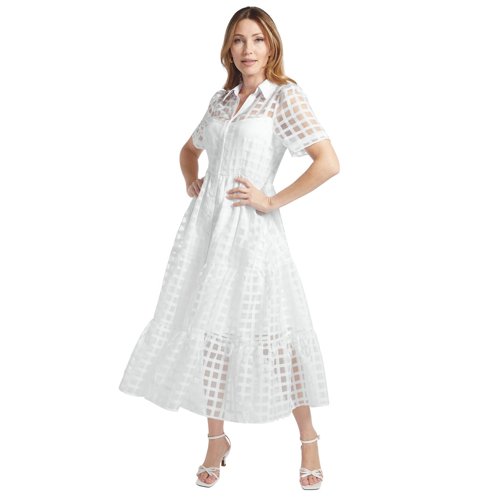 Masseys Organza Shirt Dress (Size 18W) White, Polyester,Spandex