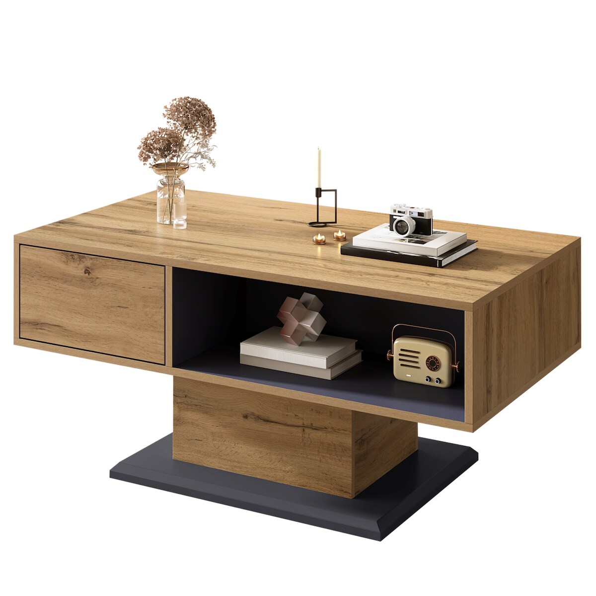 OKWISH Couchtisch 100x50x47 cm mit doppelseitigem Stauraum und Innenfach, griffloses Design, Holzoptik Eiche+Grau, melaminbeschichtete Spanplatte Image
