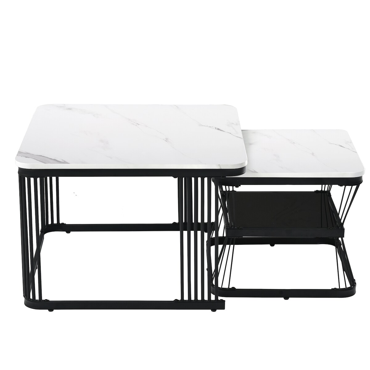 MODFU Beistelltisch 65x65x45 cm Set 2 teilig in Weiß marmoriert Hochglanz mit schwarzen Stahlbeinen, modern, platzsparend und vielseitig Image