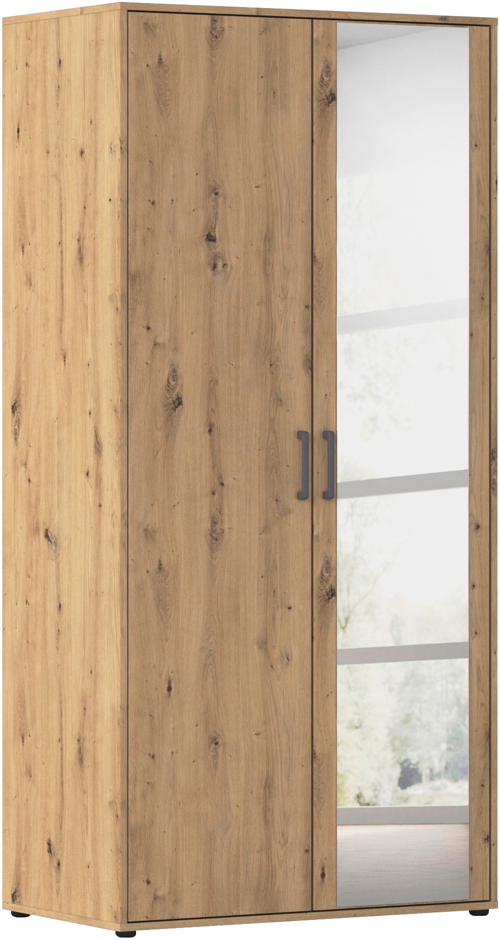 Drehtürenschrank RAUCH "Kleiderschrank Schrank Garderobe Wäscheschrank VOYAGER", eiche artisan, B:93cm H:194cm T:53cm, Holzwerkstoff, Schränke, Drehtürenschrank, mit modernen Griffen in Graumetallic und Spiegel Image