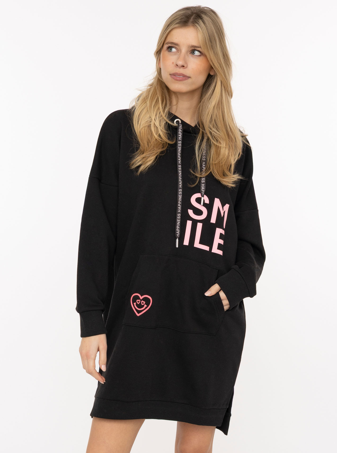 Sweatkleid ZWILLINGSHERZ "Alissa", Damen, Gr. S/M, N-Gr, schwarz, Sweatware, Obermaterial: 50% Baumwolle, 50% Polyester, Kleider Sweatkleid, Kapuze, Kängurutasche, Neon-Details, Print