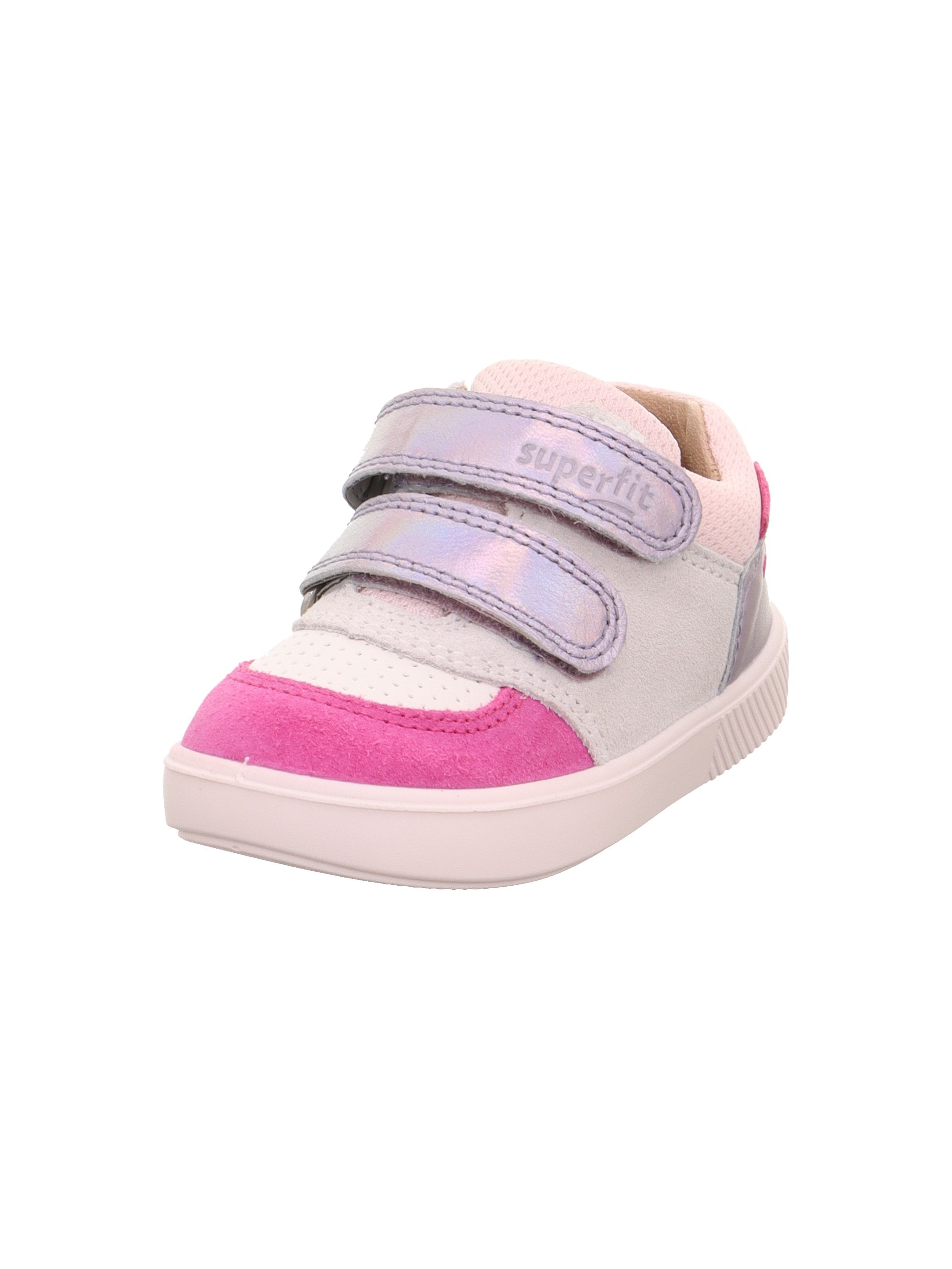 Klettschuh SUPERFIT "SUPIES WMS: mittel", Kinder, Gr. 28, flieder, rosa, Schuhe Klettschuh, Sneaker, Freizeitschuh im Retro Look, Größenschablone zum Download