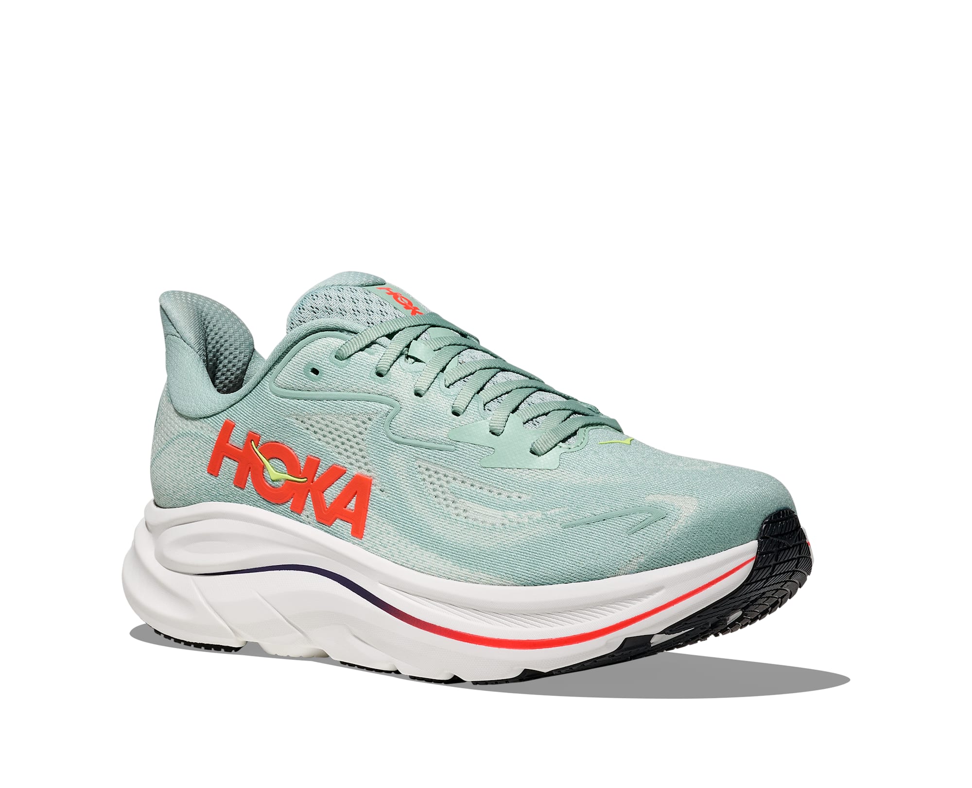 Laufschuh HOKA ONE ONE "CLIFTON 10", Herren, Gr. 46, sage, neon flame, Synthetik, Textil, Schuhe Laufschuh