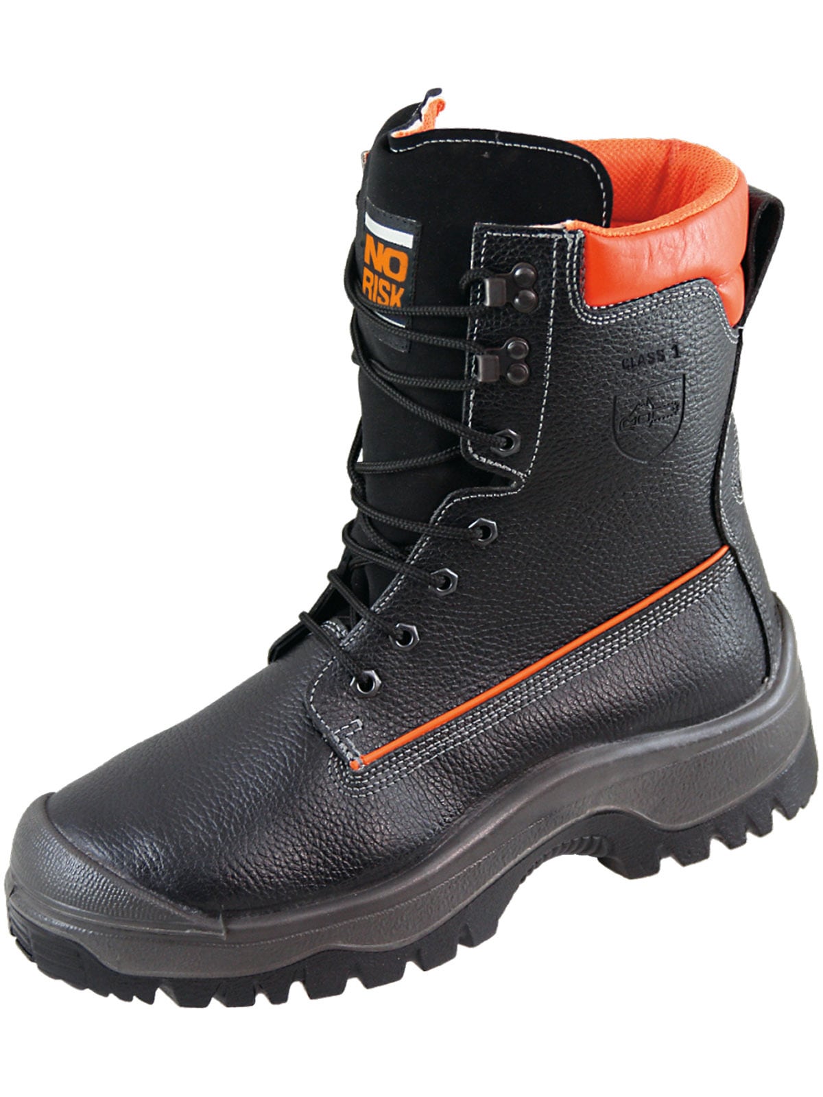 Sicherheitsstiefel NORISK "Schnittschutzstiefel NoRisk Schnittschutzstiefel" Gr. 40, schwarz (schwarz, orange), 40, Obermaterial: 100% Rindsleder Leather cow., Schuhe