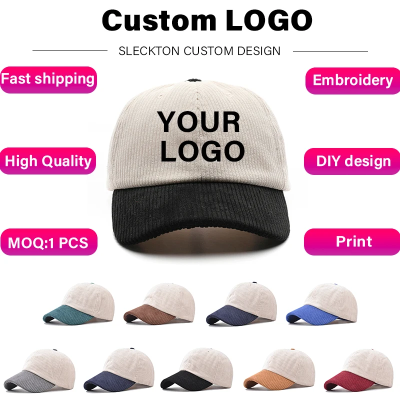 SLECKTON Logo Berretto da baseball personalizzato per uomo e donna Design del marchio Ricamo fai da te Stampa Cappello da sole estivo Velluto a coste Unisex all'ingrosso