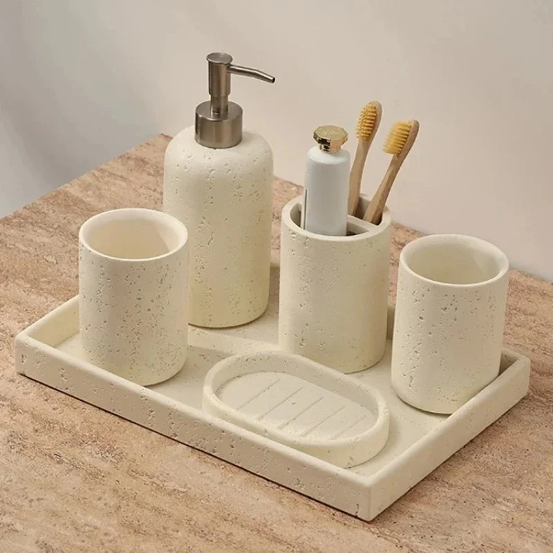 Ensemble de rangement de salle de bain en pierre naturelle, plateau de tasse de brosse à dents, Kit de bain de bouche, porte-savon, bouteille de presse, accessoires de salle de bains 1 pièce