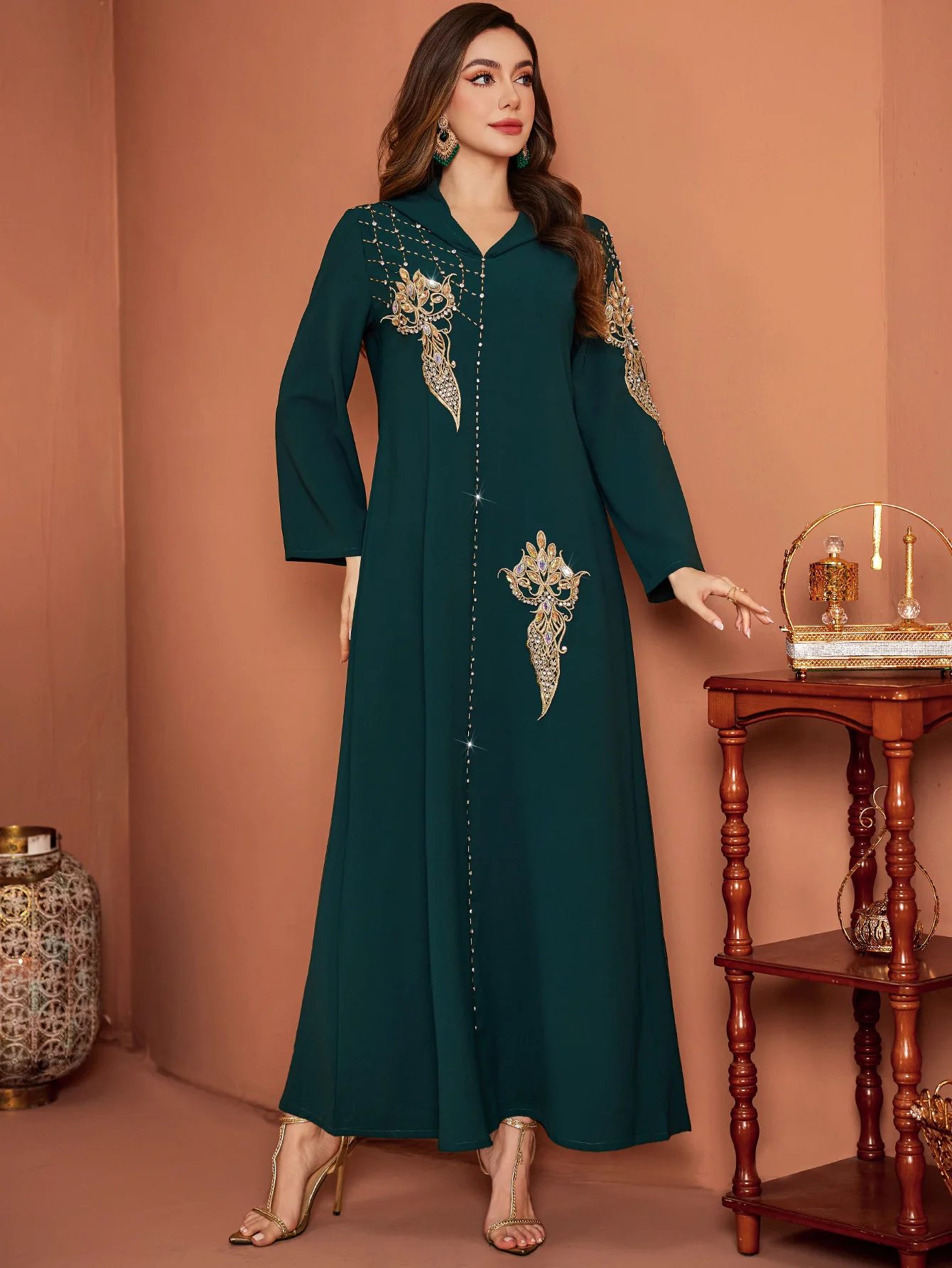 Eid Abito Musulmano Donna Abaya Diamante Ricamo Con Cappuccio Abiti Lunghi Abiti Largos Partito Caftano Jalabiya Ramadan Abito Lungo 2025