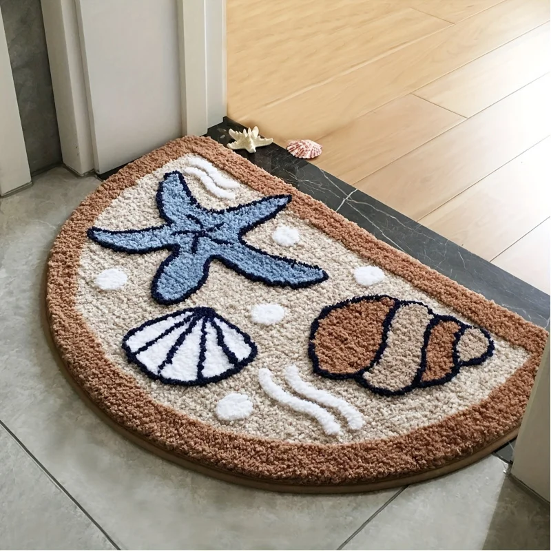Tapis de sol semi-circulaire pour salle de bain VIKAMA Ocean Wind, avec motif coquillage étoile de mer, pour salle de douche et salle de bain, antidérapant et absorbant