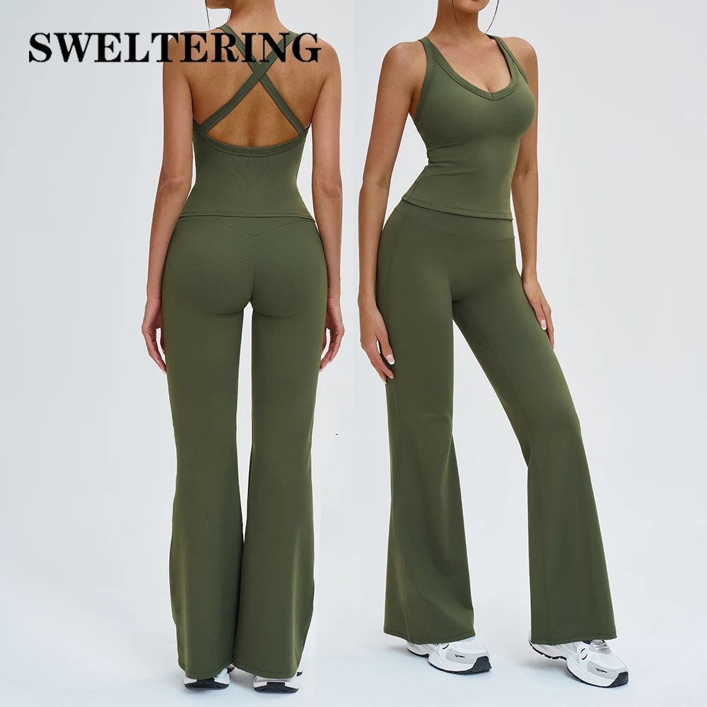 2 pièces ensemble de Yoga Fitness survêtement vêtements de Sport tenues de Sport femmes Yoga pantalon évasé entraînement haut court costume de Sport vêtements de Sport féminins