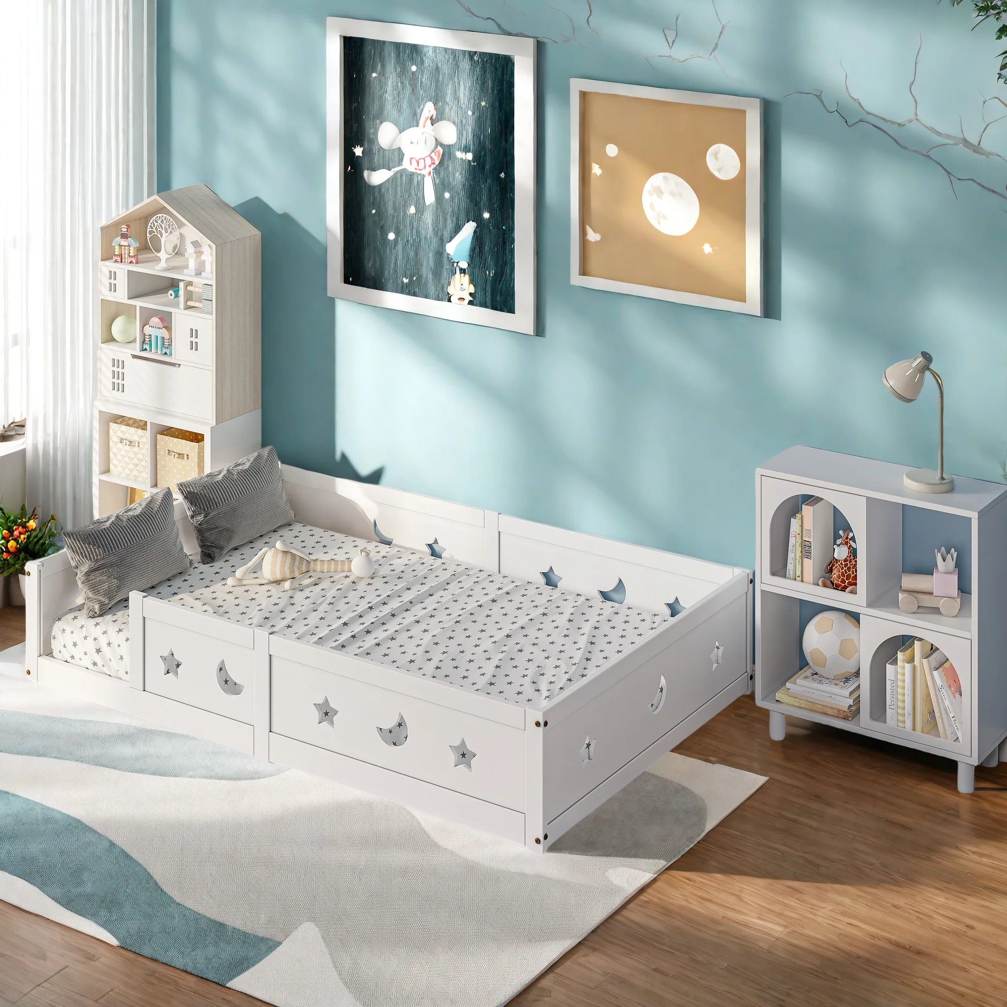 RosahqndaKids Montessori-Bodenbett 140 x 200 cm mit Abnehmbarem Fallschutz, Extra Starker Roll-Up-Lattenrost, Umwandelbar Image