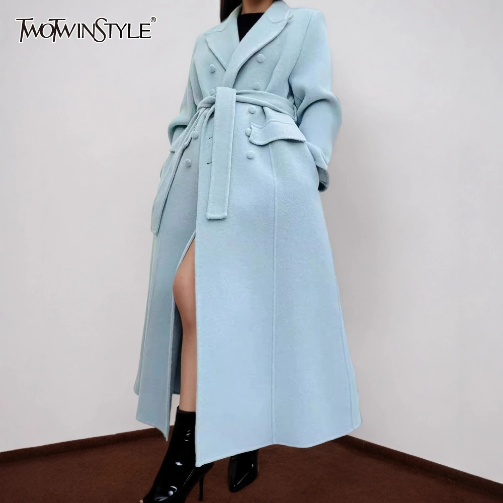 TWOTWINSTYLE Blau Gespleißt Zweireiher Chic Jacke Weibliche Revers Langarm Elegante frauen Jacken Herbst Stil Neue Mode