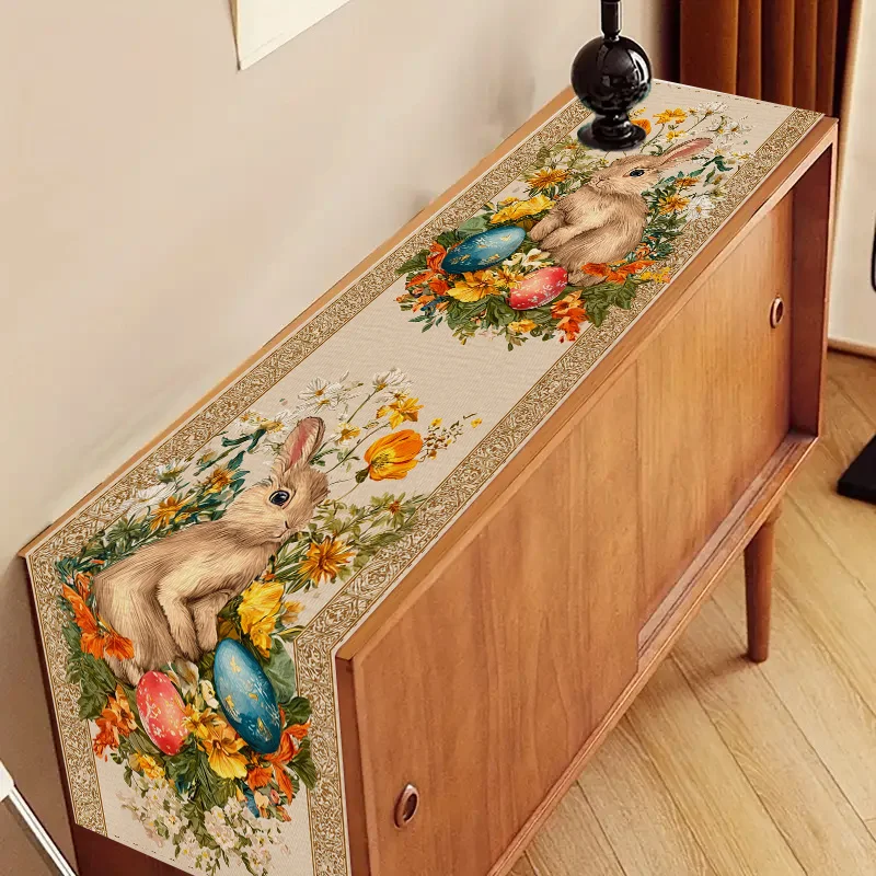 1 Stück Frühlings-Osterhasen Blumenei Tischläufer aus Leinen mit 2D-Druck, Dekoratives Geschenk für Esstisch, Küche, Wohnzimmer, Heimdekoration Image