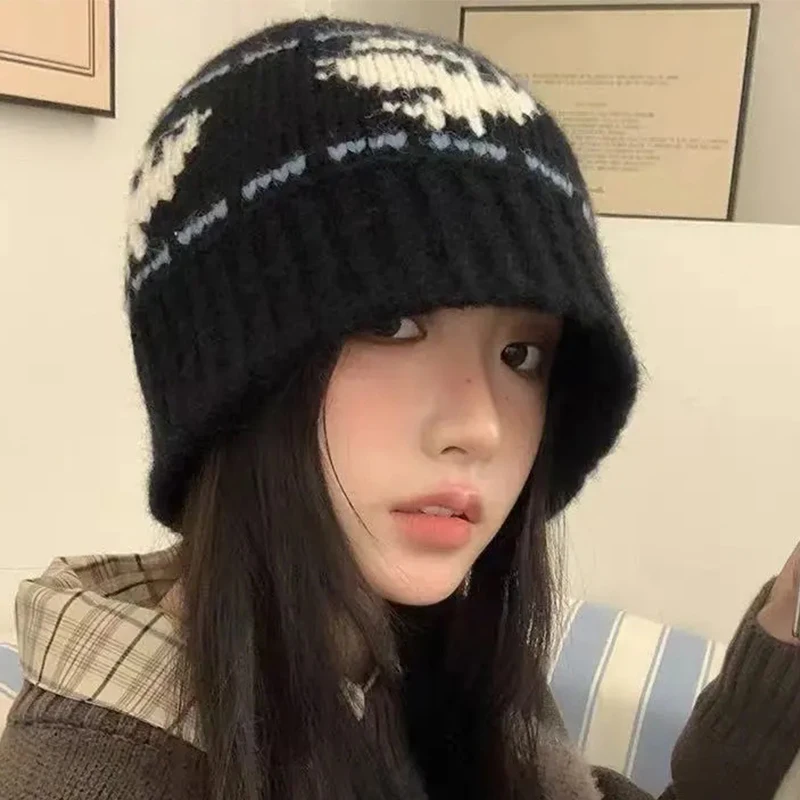 Schwarz/Weiß Vintage Strickmütze Damen Winter Koreanisch Vielseitiges Gesicht Kleine Wolleneimer Hut Verdickte Kältebeständige Warme Mütze