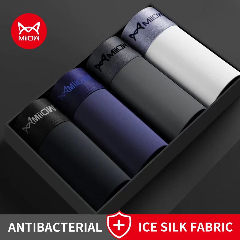 MiiOW 4Pcs Männer Boxer Shorts Graphene Antibakterielle Eis Seide Männer Unterwäsche Mann Unterhose Nahtlose Atmungsaktive Herren Höschen L-5XL Image