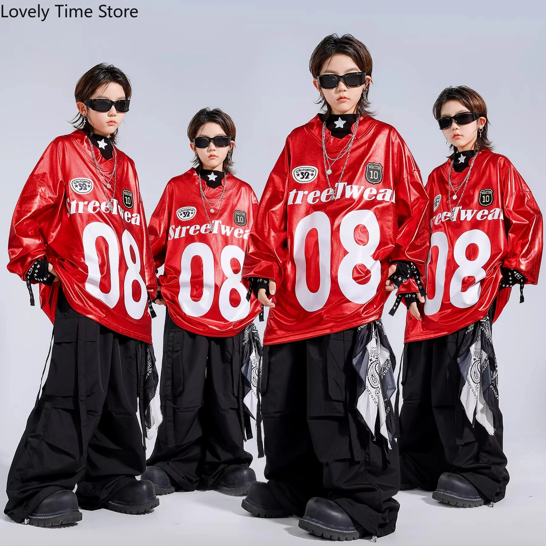 Hip-Hop Jungen Rotes Glänzendes Sweatshirt Tarnmuster-Hose Mädchen Streetdance-Kostüme K-Pop Kinder Streetwear Kinder Jazz-Kleidungssets