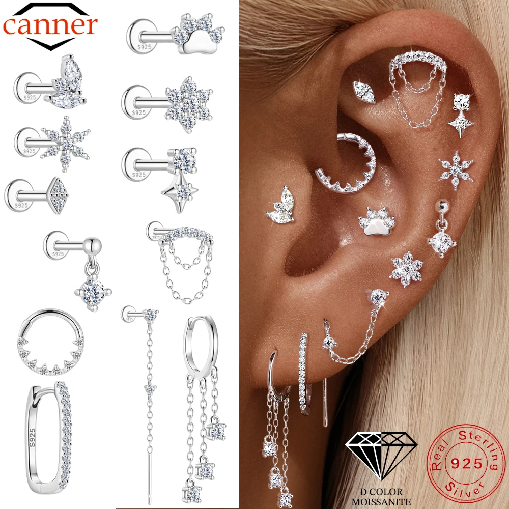 CANNER 1 STÜCK Quaste Vier Krallen Moissanit Funkelnde Flachkopf Piercing Ohrringe Damen 925 Sterling Silber Creolen Hochzeitsgeschenk Image