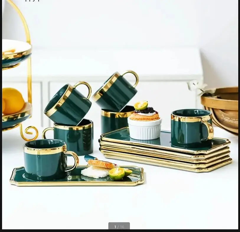 Nordic Kaffeetasse Set Grün mit Löffel Dim Sum Dish Afternoon Tea Schwarzer Griff Becher Haushalt Image