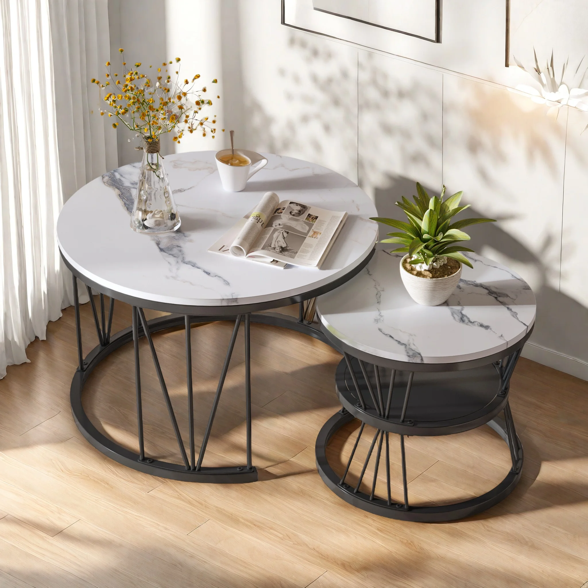 Superaly Marmor-Effekt Couchtisch-Set, 2-teilig, Runder Sofatisch mit Metallrahmen, Esstisch, Beistelltisch für Wohnzimmer