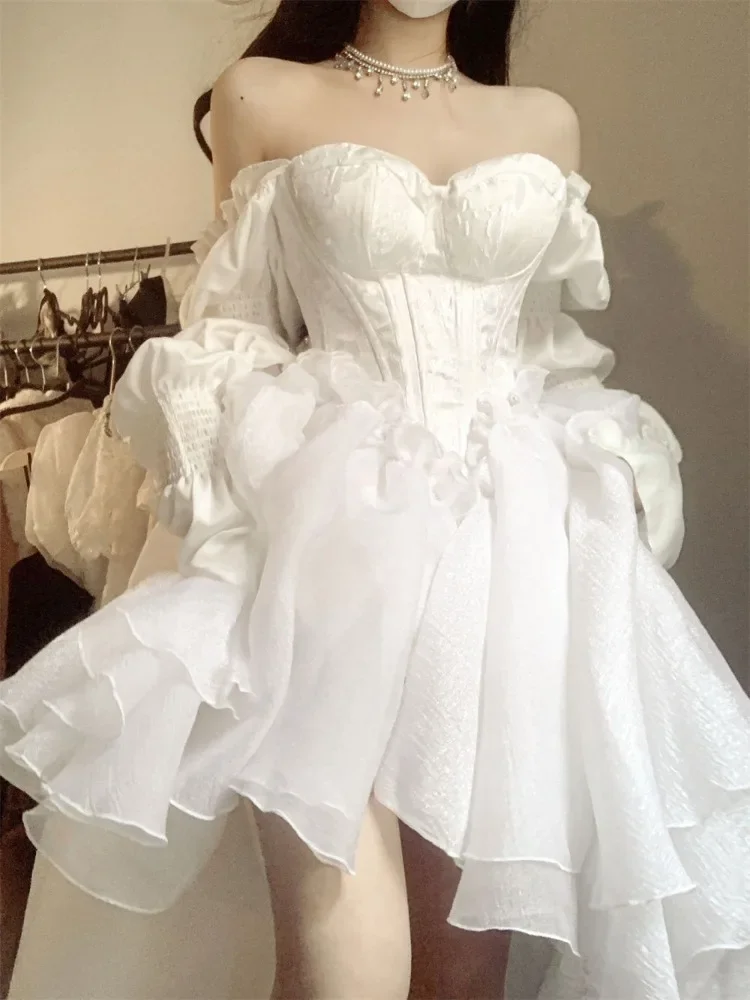 Elegantes süßes Kleid mit Puffärmeln für Frauen, Y2k, sexy, schlanke Taille, trägerlose Kleider, 2025, Sommer, neu, weiß, Vestido feminino Image
