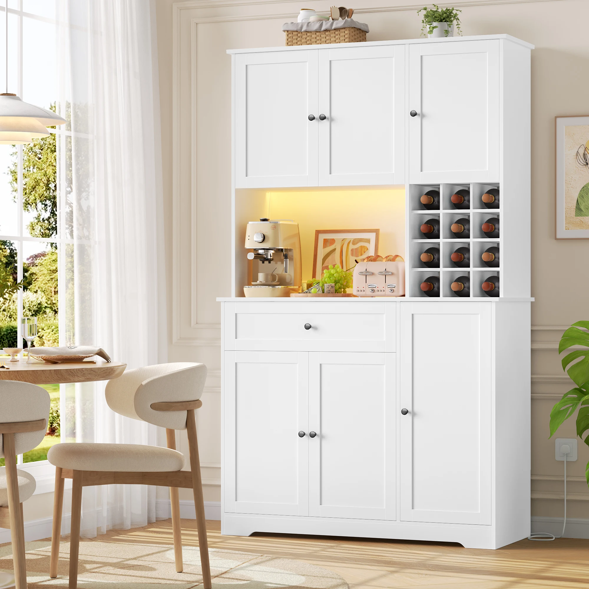 Getone Küchenbuffet LED,Küchenschrank Buffetschrank Steckdosenleiste, Schubladen, Flaschenregal Verstellbares Regal 100x39x180cm Image