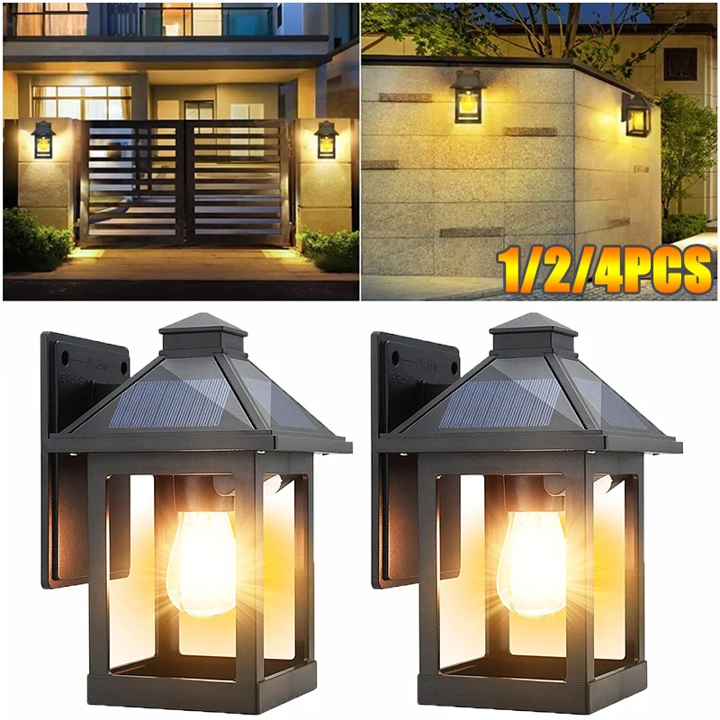2/4 Stück Solar-Wandleuchte für den Außenbereich, wasserdichte Veranda-Leuchte mit automatischem Ein-/Aussensor, Wolframbleuchten für Gärten, Häuser, Garagen, Terrassen