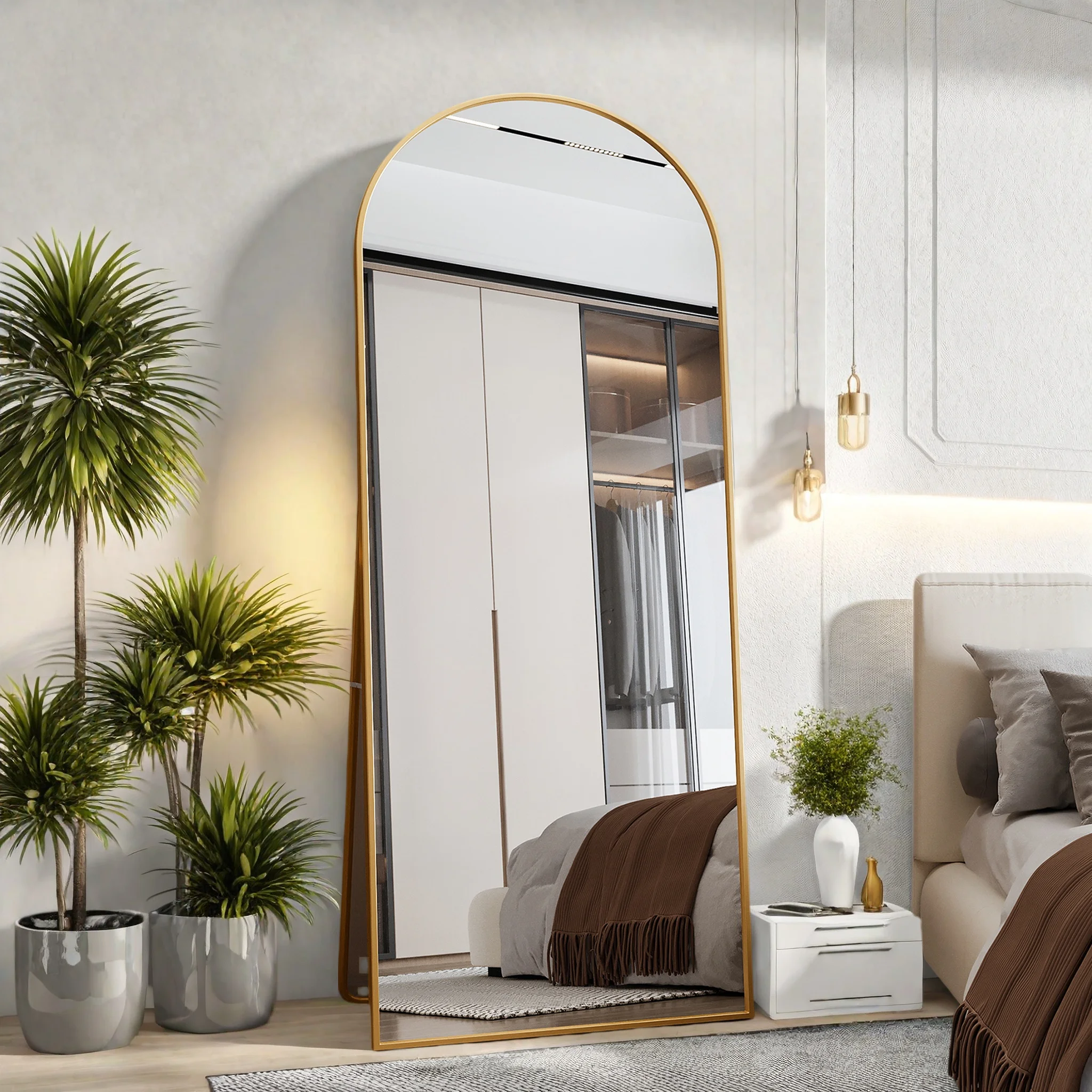 Superaly 180x80cm Großer Gebogener Standspiegel, Ankleidespiegel in Voller Länge, Bodenstehender Spiegel, für Schlafzimmer, Gold