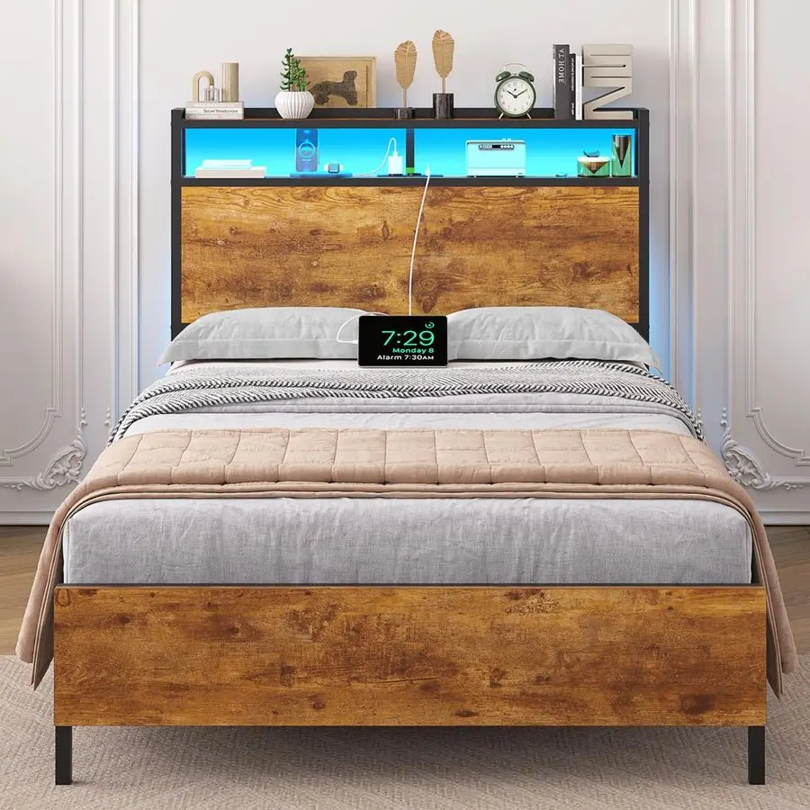 90 x 200 cm mit Metall-Lattenrost, Bettgestell 90 x 200 cm mit LED-Beleuchtung, Metallbett mit Kopfteil und Ladestation 2 Image