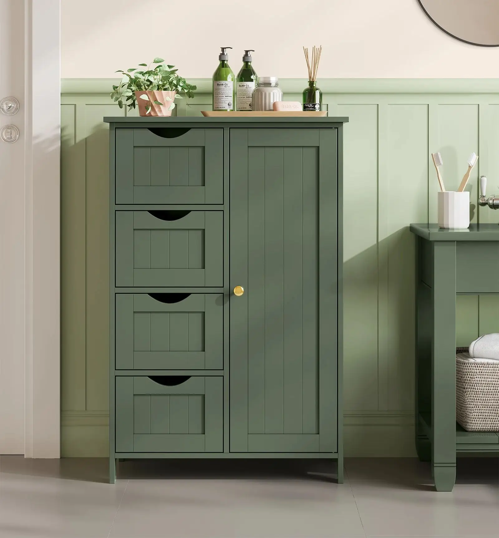 VASAGLE Badezimmerschrank, schmaler Badschrank, Beistellschrank, Kommode, mit 4 Schubladen, Schranktür, verstellbare Ablage Image