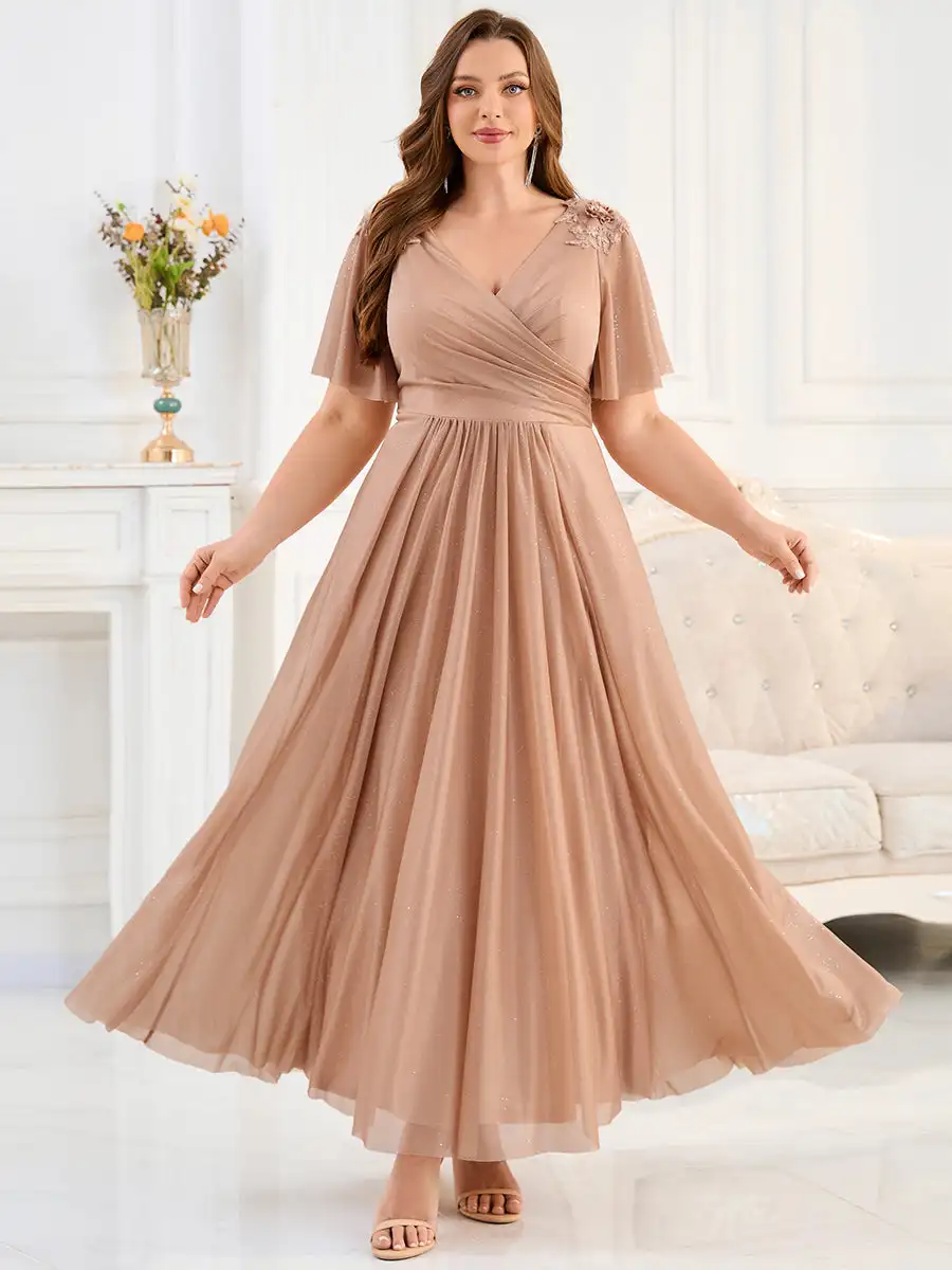 Wunderschönes Abendkleid mit kurzen Ärmeln, plissierten Applikationen und Pailletten in Roségold, Brautjungfernkleider von Ever Pretty Image