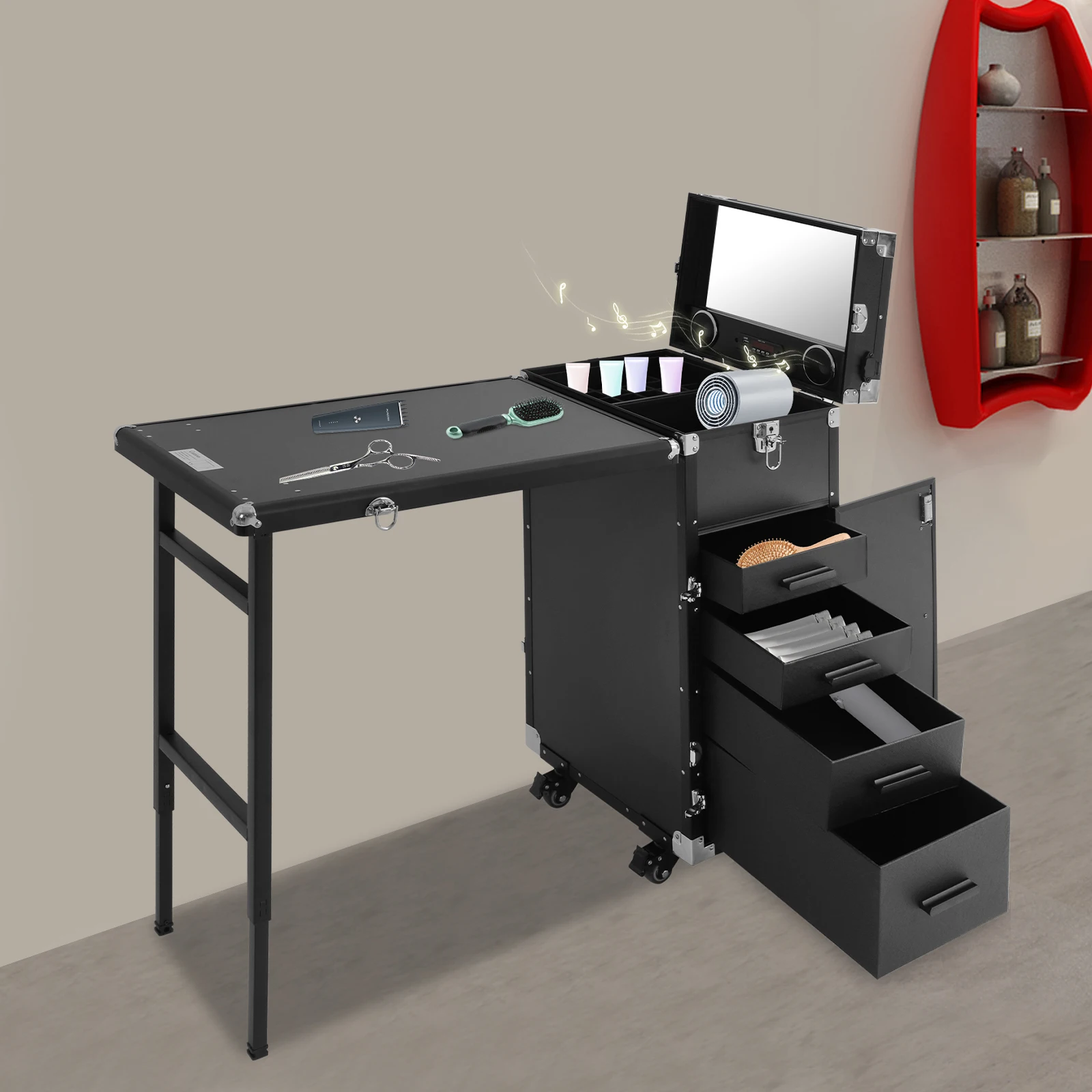 Rollbarer Schminktisch, Make-up-Zugetui mit Schloss, Bluetooth-Lautsprecher, zusammenklappbare Maniküre-Station, 4 Schubladen, 360° ° Räder 50 kg Tragkraft